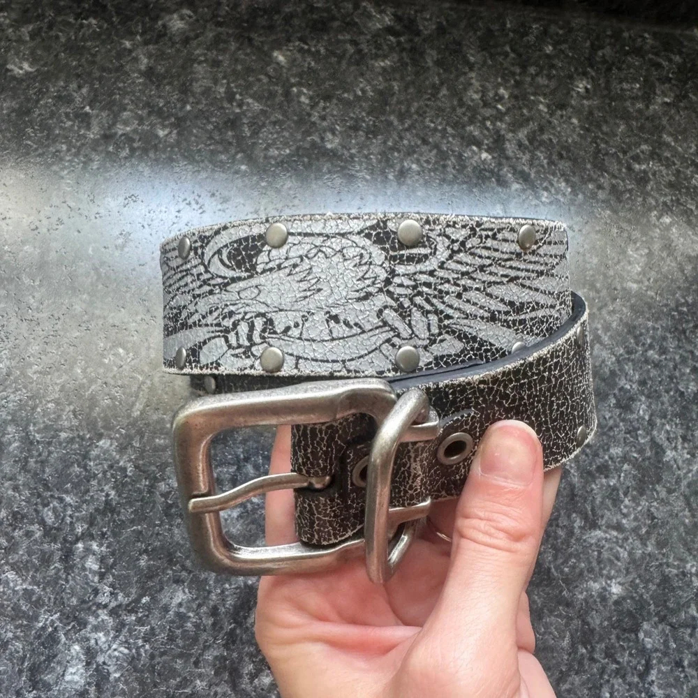 Genuine Leather Black Cracked Silver Eagle Wing Studded Belt 36